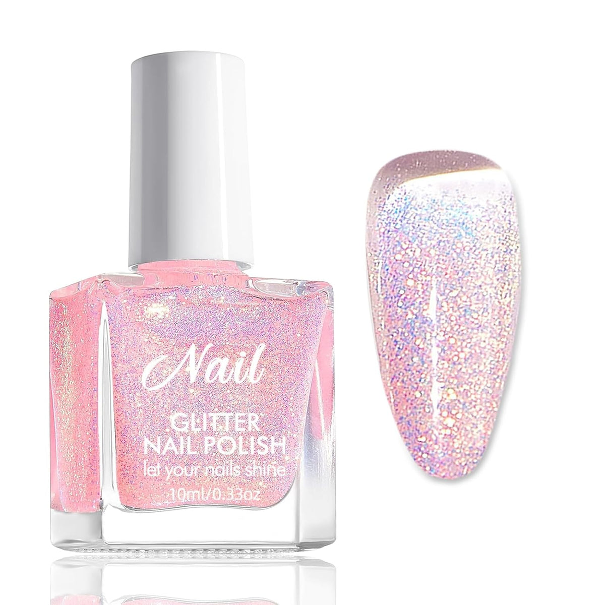 Pink glitter neglelak - Ikke-giftig, vandbaseret neglelak til kvinder - Hurtigtørrende neglelak - Reflekterende glitter neglelak til gør-det-selv-neglekunst derhjemme (Transparent Pink, 10ml)