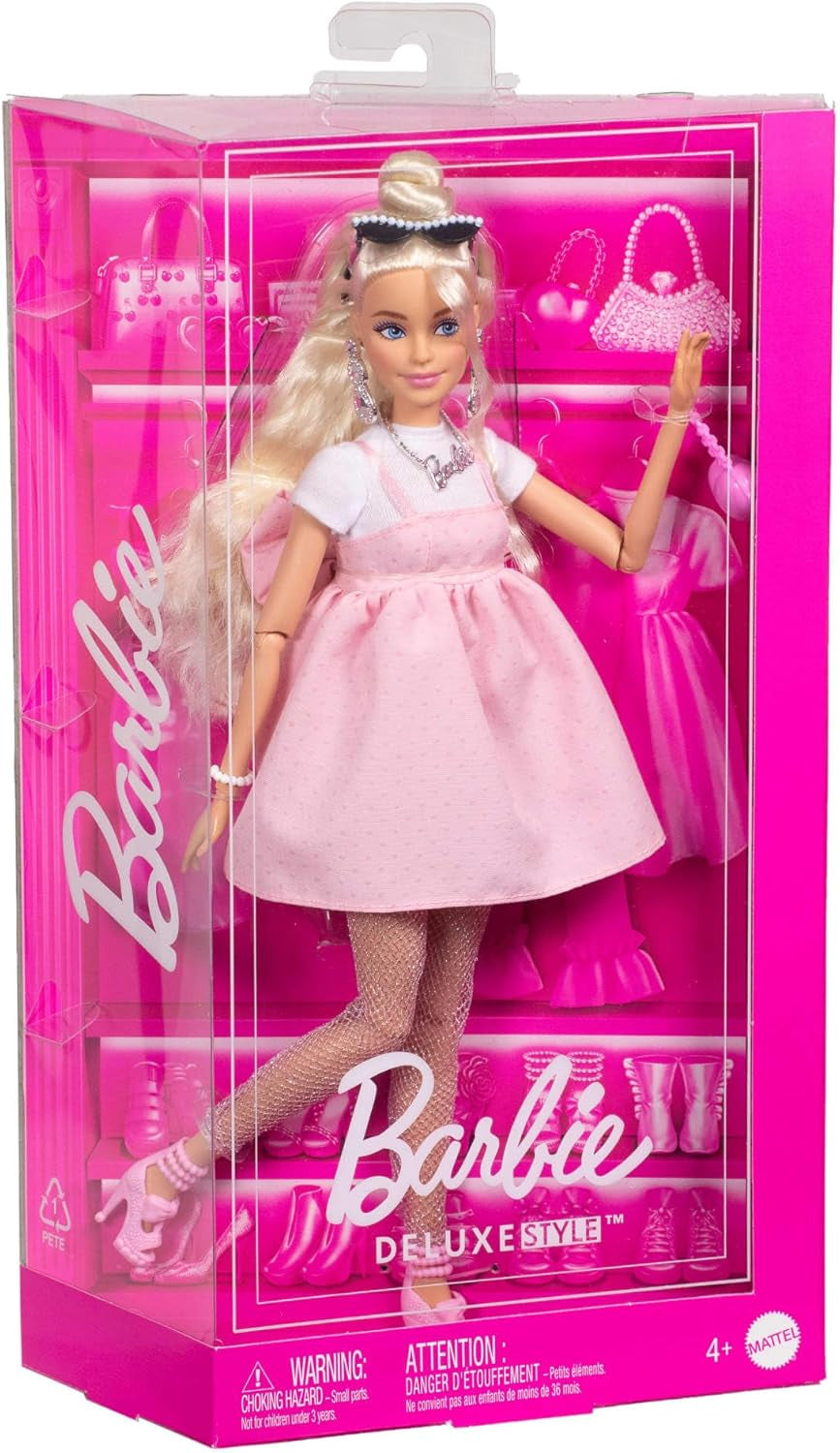 Păpușă Barbie Deluxe Style nr. 3 cu ținută Barbiecore, păr blond în coc înalt, rochie roz pastel cu fundiță supradimensionată și accesorii precum colanți Fishnet, HYV27 Papusi Naty Shop