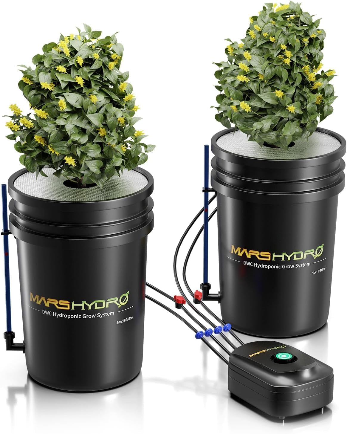 Mars Hydro DWC Hydroponic Grow System, 5 gallon Deep Water Grow, 8W luftpumpe, multifunktionsluftslange, luftsten, 2 spande og dryppottesæt