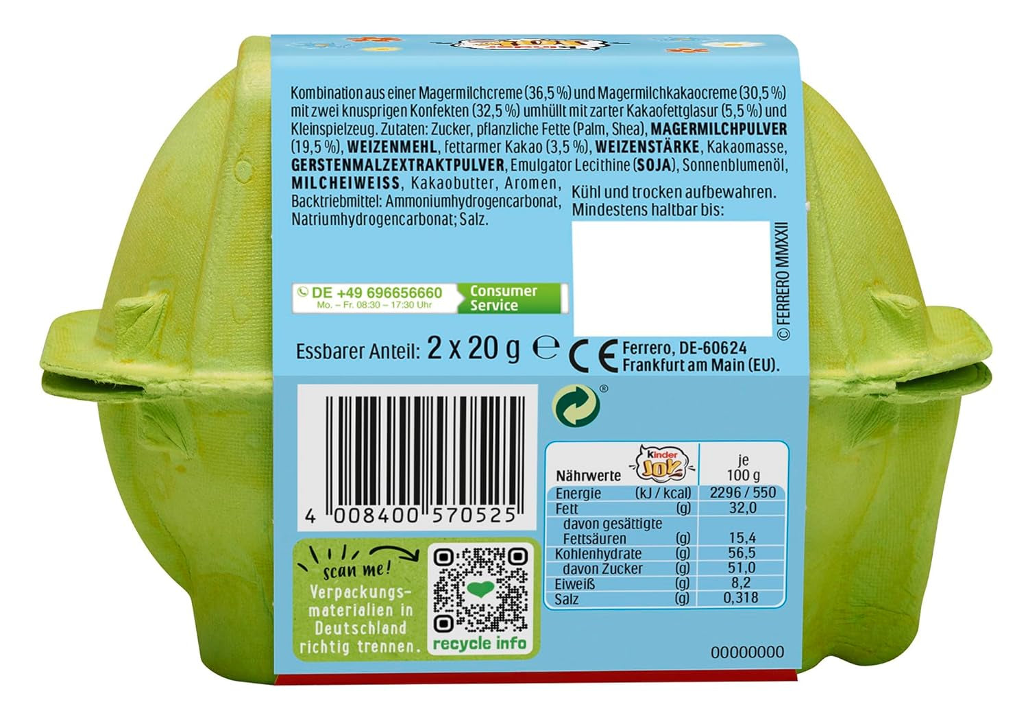 Kinder Joy pakke med 2 - Den ene halvdel med lækker mælk og kakaocreme og sprøde kugler, og den anden halvdel med en stor overraskelse - påskechokolade, påskeslik - påskegave - 40g