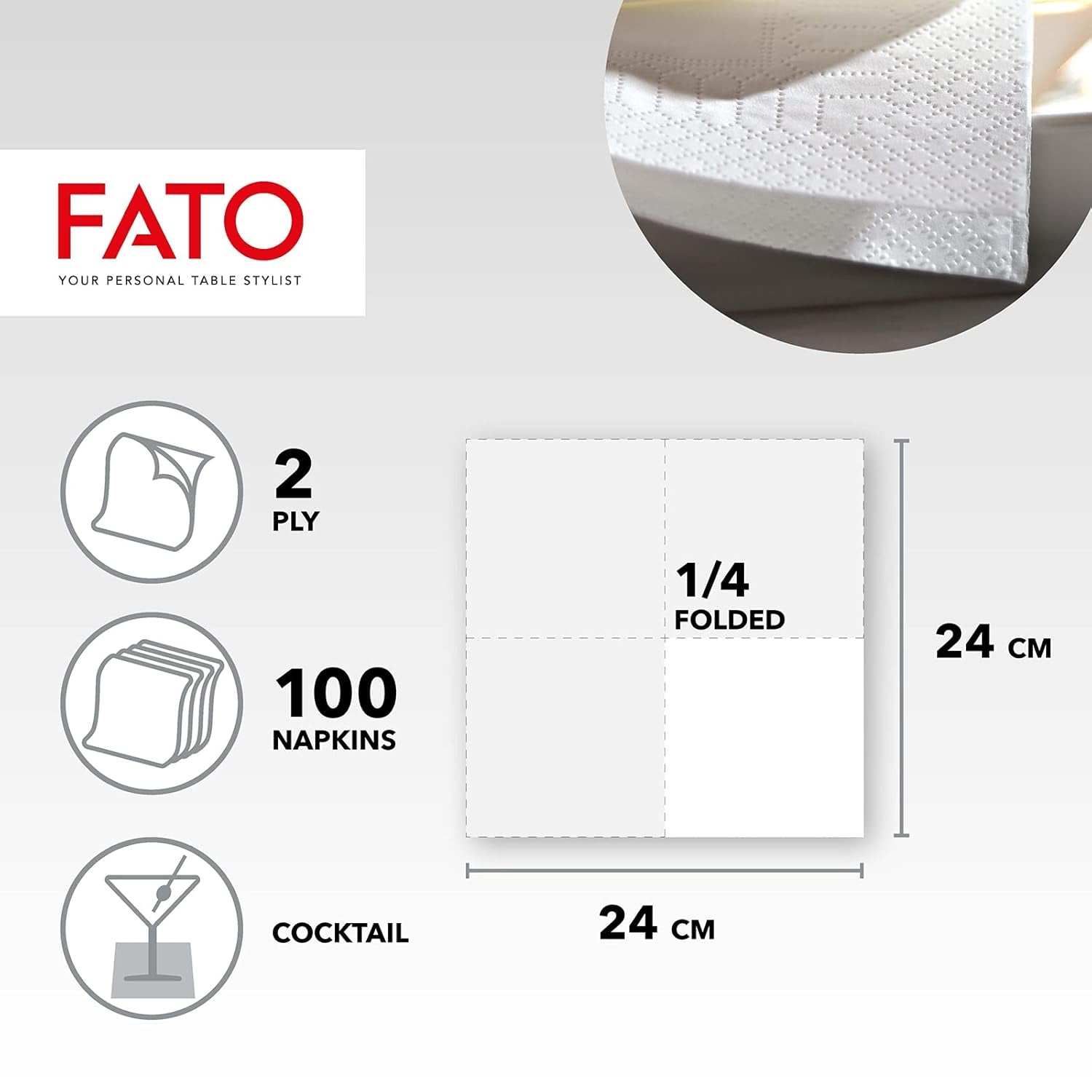 , Șervețele de hârtie de unică folosință, ideale pentru aperitive și cocktailuri, pachet de 100 de șervețele, dimensiune 24X24, pliate 4 ori, 2 straturi, albe, 100% hârtie din celuloză pură, certificate Fsc (pachet de 6)