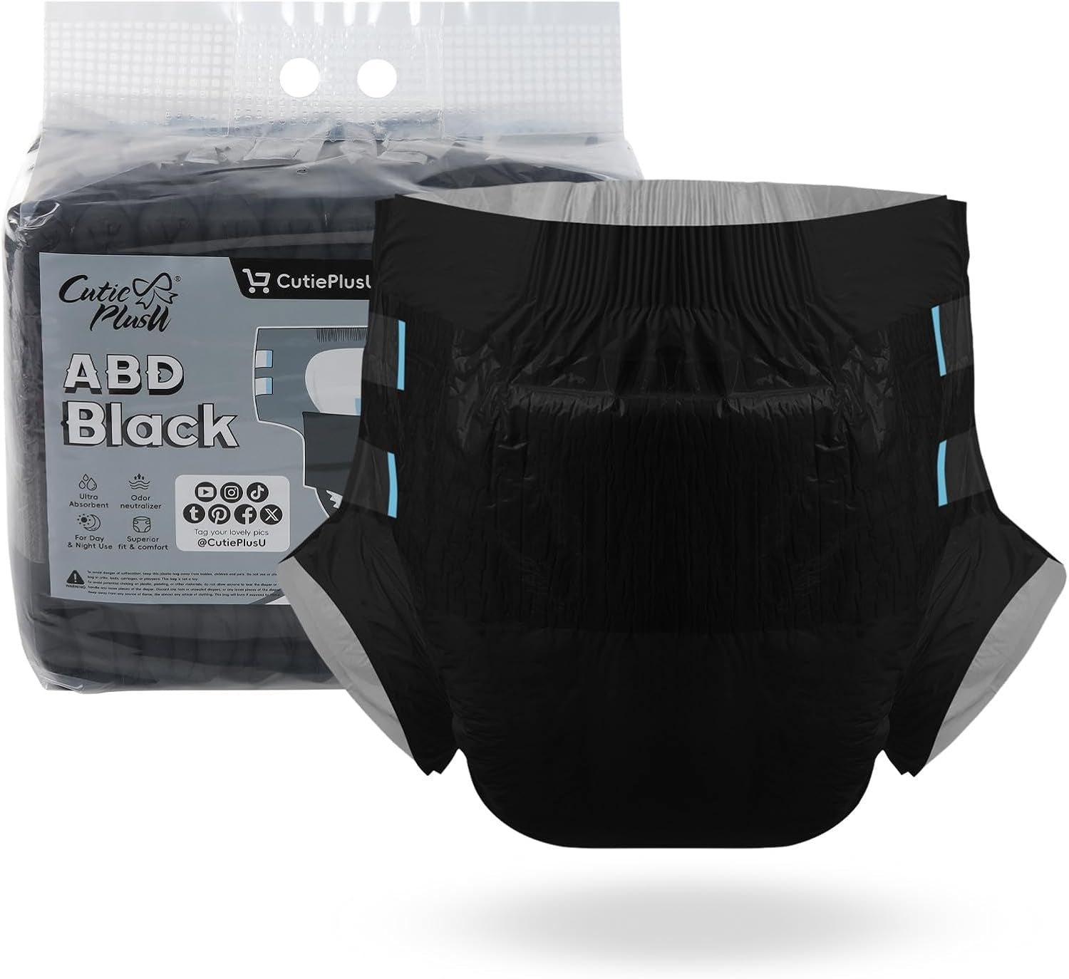 CutiePlusU voksenbleer, 10-pak engangsinkontinenstrusser med løkker til kvinder og mænd, maksimal absorptionsevne natten over - blå (stor størrelse 94-119 cm)