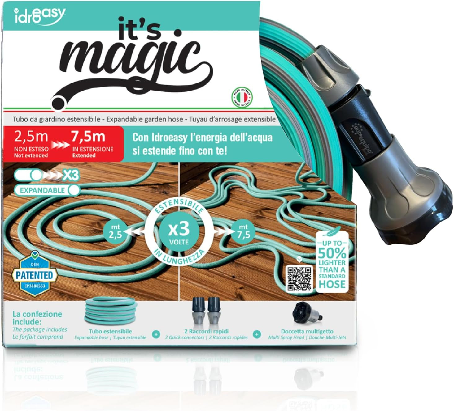 Furtun de grădină extensibil până la 7,5 metri, 1/2" (12,5 mm), cu duș de mână și 8 funcții, Idroeasy