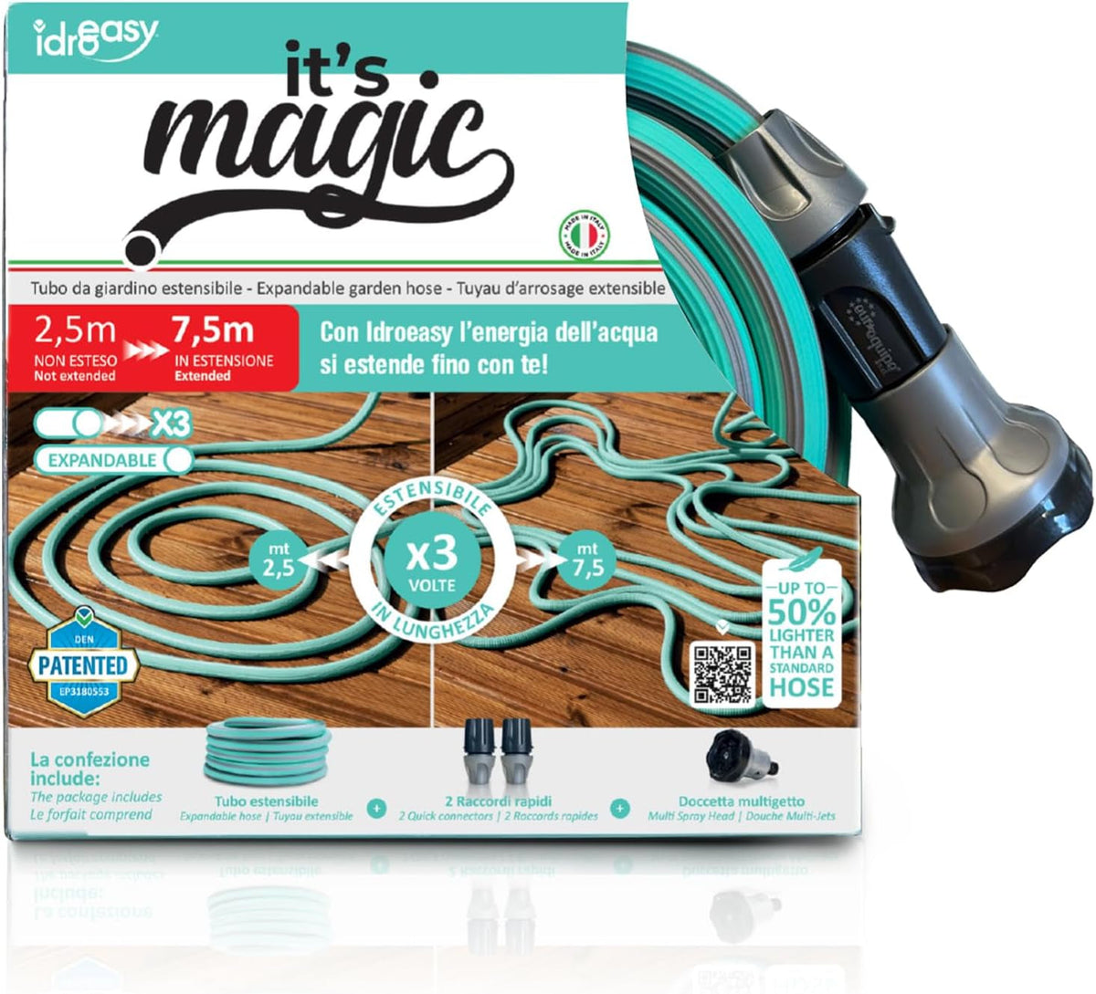 Furtun de grădină extensibil până la 7,5 metri, 1/2" (12,5 mm), cu duș de mână și 8 funcții, Idroeasy