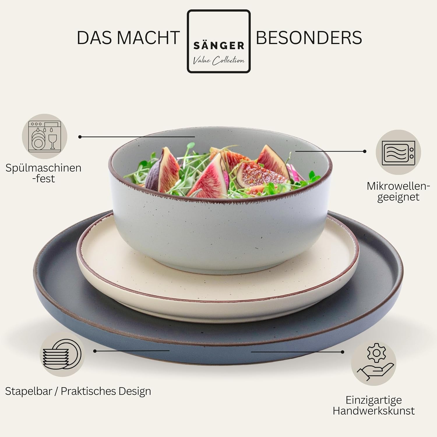 SÄNGER Bombay Moonlight | Set de veselă cu 12 piese, ceramică pentru 4 persoane, 4 farfurii de cină, 4 farfurii de desert, 4 boluri, culori asortate | COLECȚIA VALUE