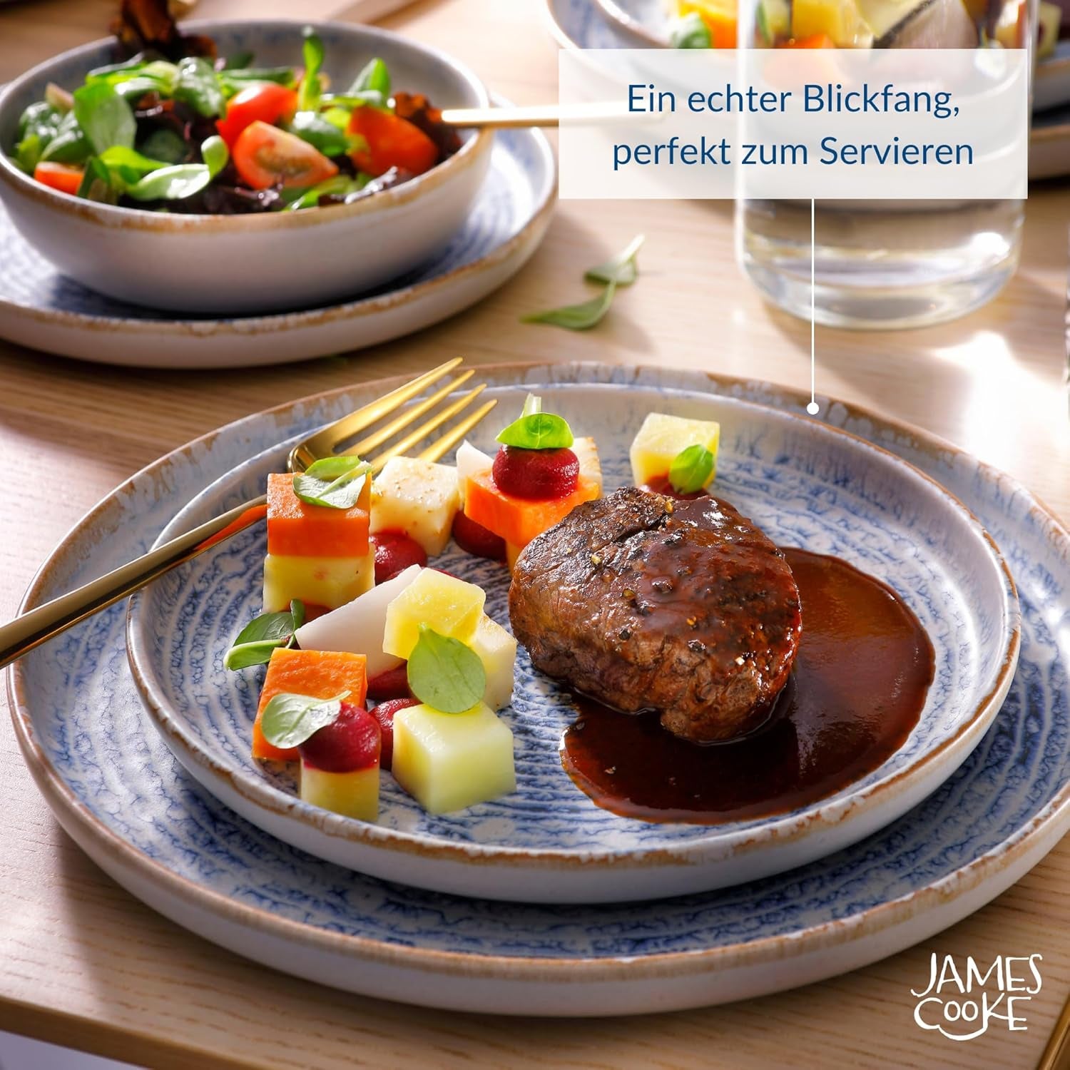 Set de veselă Azure Vintage din gresie pentru 6 persoane - 24 de piese - dungi albe și albastre, suprafață în relief - potrivit pentru mașina de spălat vase, cuptor și cuptor cu microunde