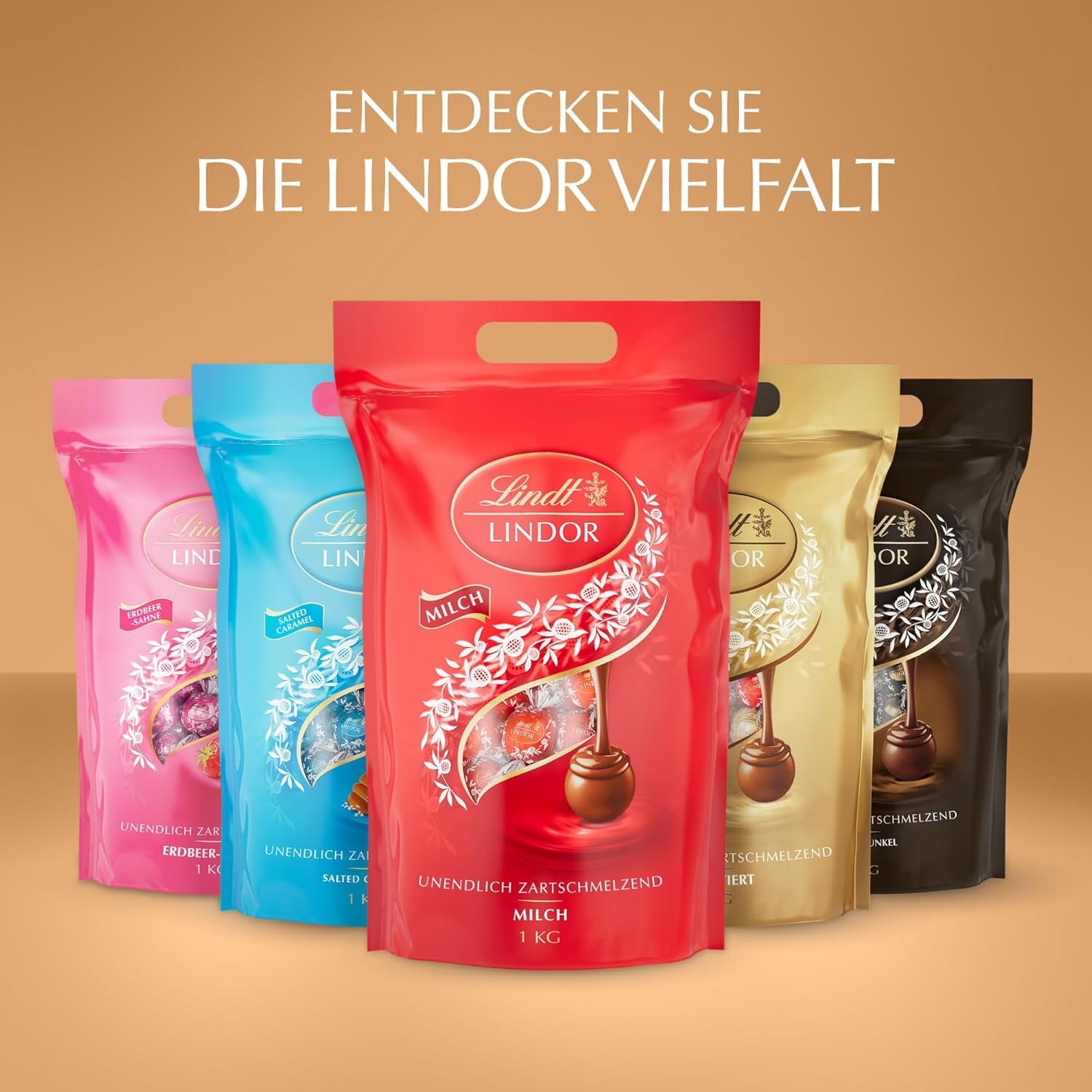 Klassisk sortiment af Lindt chokoladekugler LINDOR | ca. 80 kugler chokolade (mælk, hvid, mørk 60%, hasselnød) | Bulkpakke, 1 kg