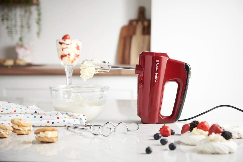 Russell Hobbs Handmixer [Handrührgerät] Desire Rot (5 Geschwindigkeitsstufen+Turbofunktion, 2 Spülmaschinengeeignete Rührbesen & Knethaken, Auswurftaste, Aufrechte Parkposition) Handrührer 24670-56 Bucatarie Naty Shop