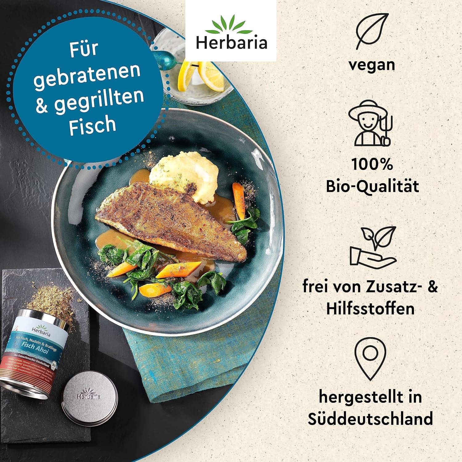Herbaria Fisch Ahoi bio 85g M-Dosis – Fertiges Bio-Gewürzsalz for Gebratene eller gegrillte Fischgerichte, Meeresfrüchte og Bratlinge – i nachhaltiger Aromaschutz-Dose