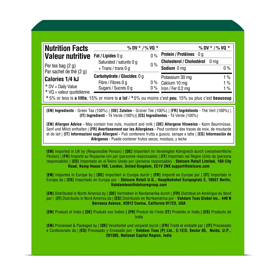 VAHDAM, ceai verde din Himalaya (30 pliculețe de ceai piramidale) 100% pur și aromat | Ceai verde natural cu frunze întregi | Proaspăt și direct de la sursa din India | Se prepară fierbinte sau rece