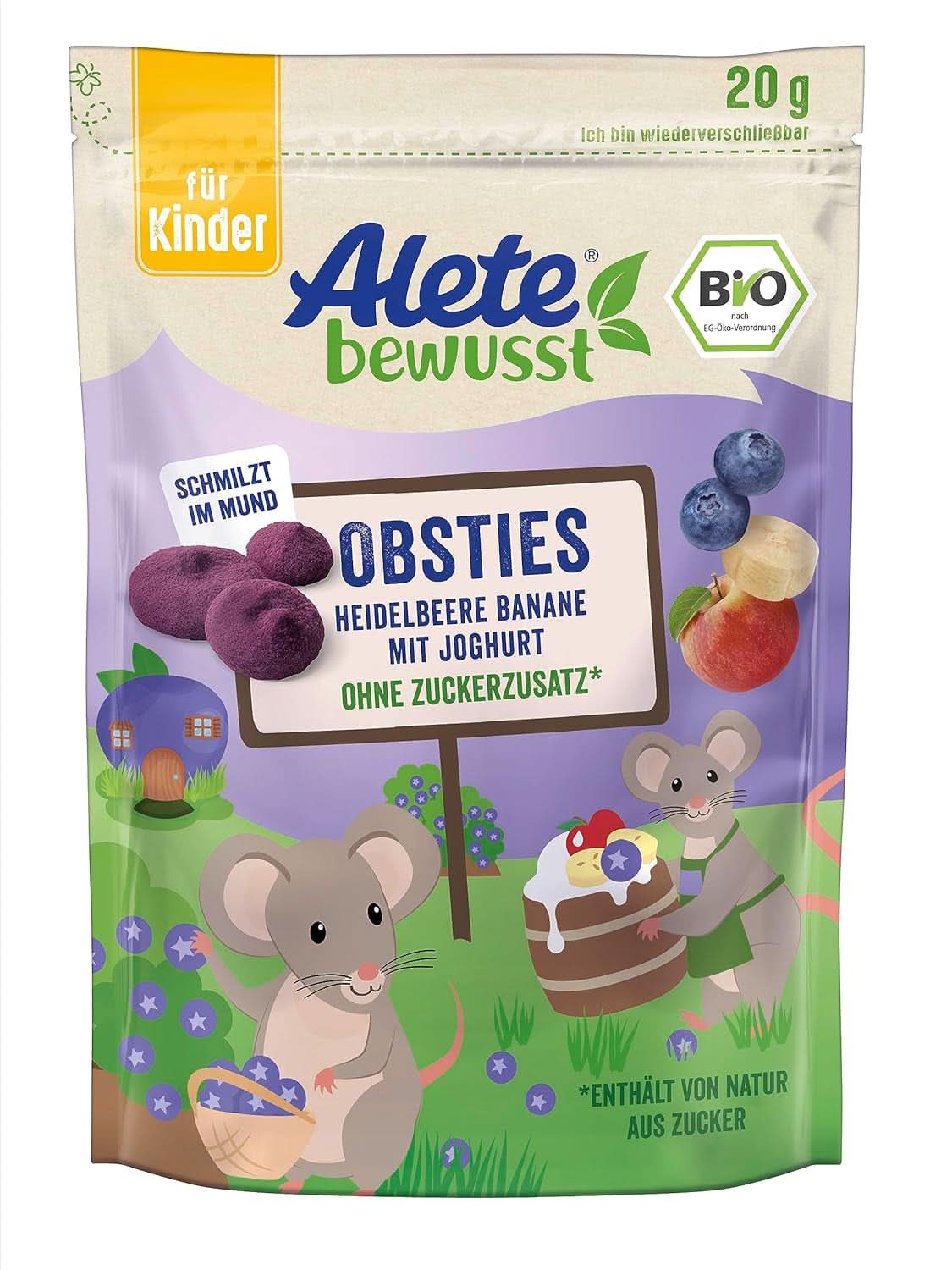 Andre Bewusst Obsties, Blåbær og Banan med Yoghurt, Fra 3 år, frysetørrede økologiske frugtchips, 20 gram Mor og Barn Naty Shop