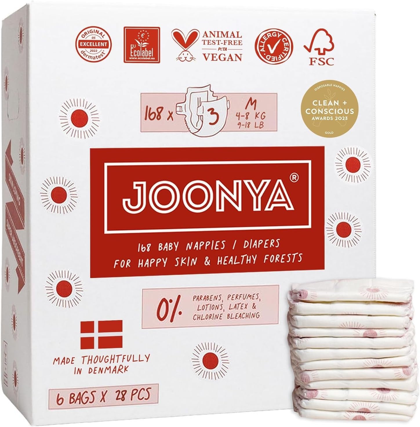 Babybleer, størrelse 3M (4-8 kg) - 1 pose med 28 - Ingen skadelige stoffer, miljøvenlig, højabsorberende, velegnet til natbrug, ultratynde og bløde - Fremstillet i Danmark