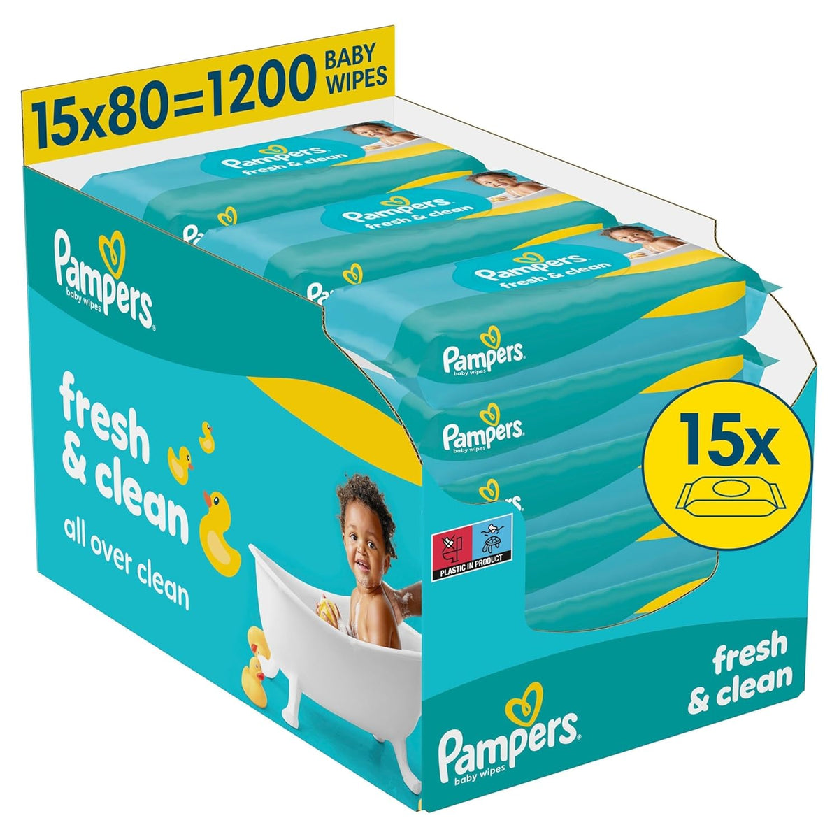 Pampers Fresh Clean vådservietter, 15 pakker med 80 servietter, 1200 servietter i alt, let duft, også velegnet til hænder og ansigt