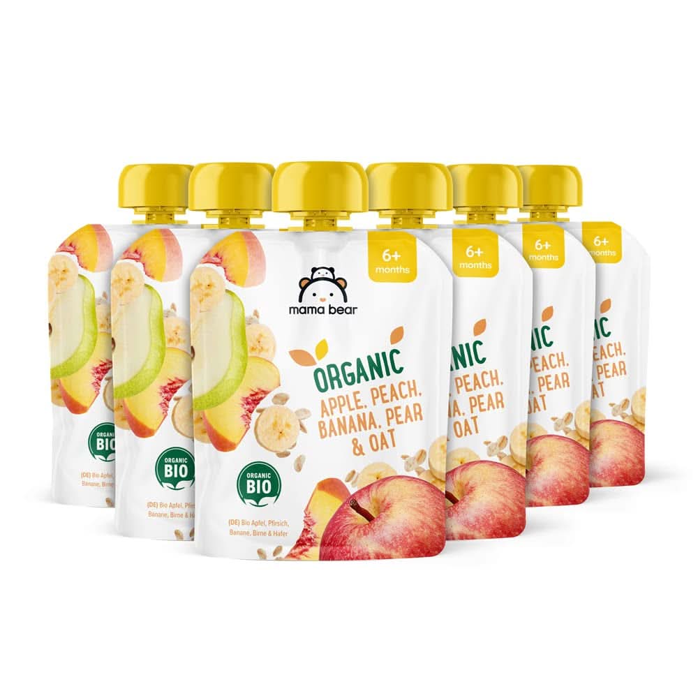 Mama Bear, piure organic diferite fructe, set 6 x 90 grame Mama si Copilul Naty Shop 6 x 90 grame Mere, piersici, banane, pere și fulgi de ovăz