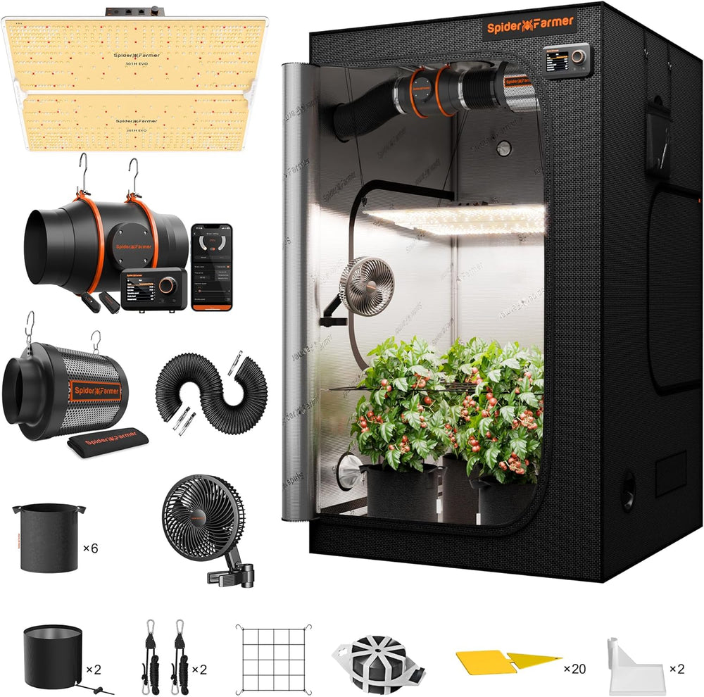 Spider Farmer SF1000 Full Spectrum Dæmpbar LED Grow Light, Samsung LM301H EVO Diode, 70x70x160cm Full Grow Telt Kit, Hydroponic Grow Telt Set, Ventilation System