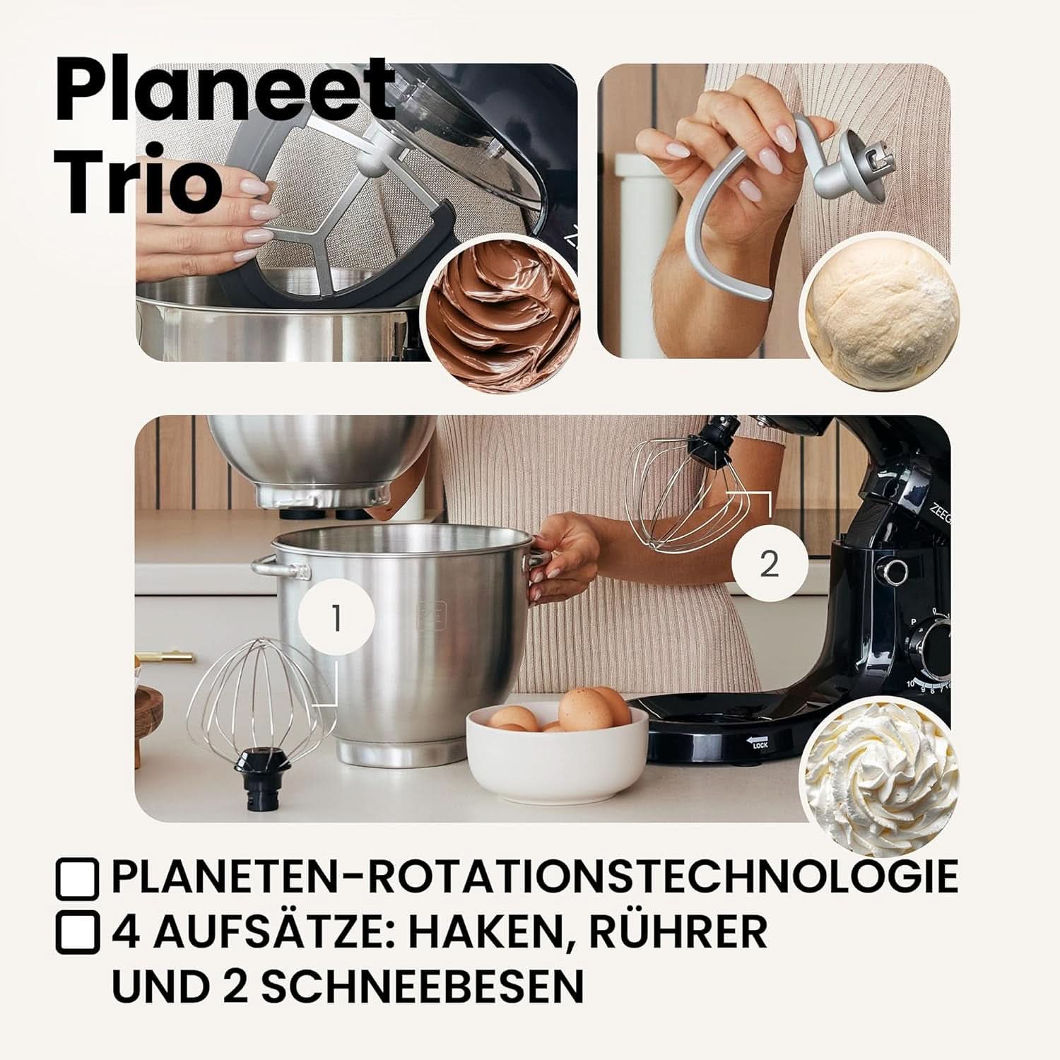ZEEGMA PLANEET TRIO Planetrobotter, 1500 W, Multifunktionale Küchenmaschine Mit 3 Schüsseln 4 L, 4,5 L og 5,2 L, 10 Betriebsgeschwindigkeiten, Mixer Mit Haken, Schneebesen (Schwarz) Mor og barn Naty Shop