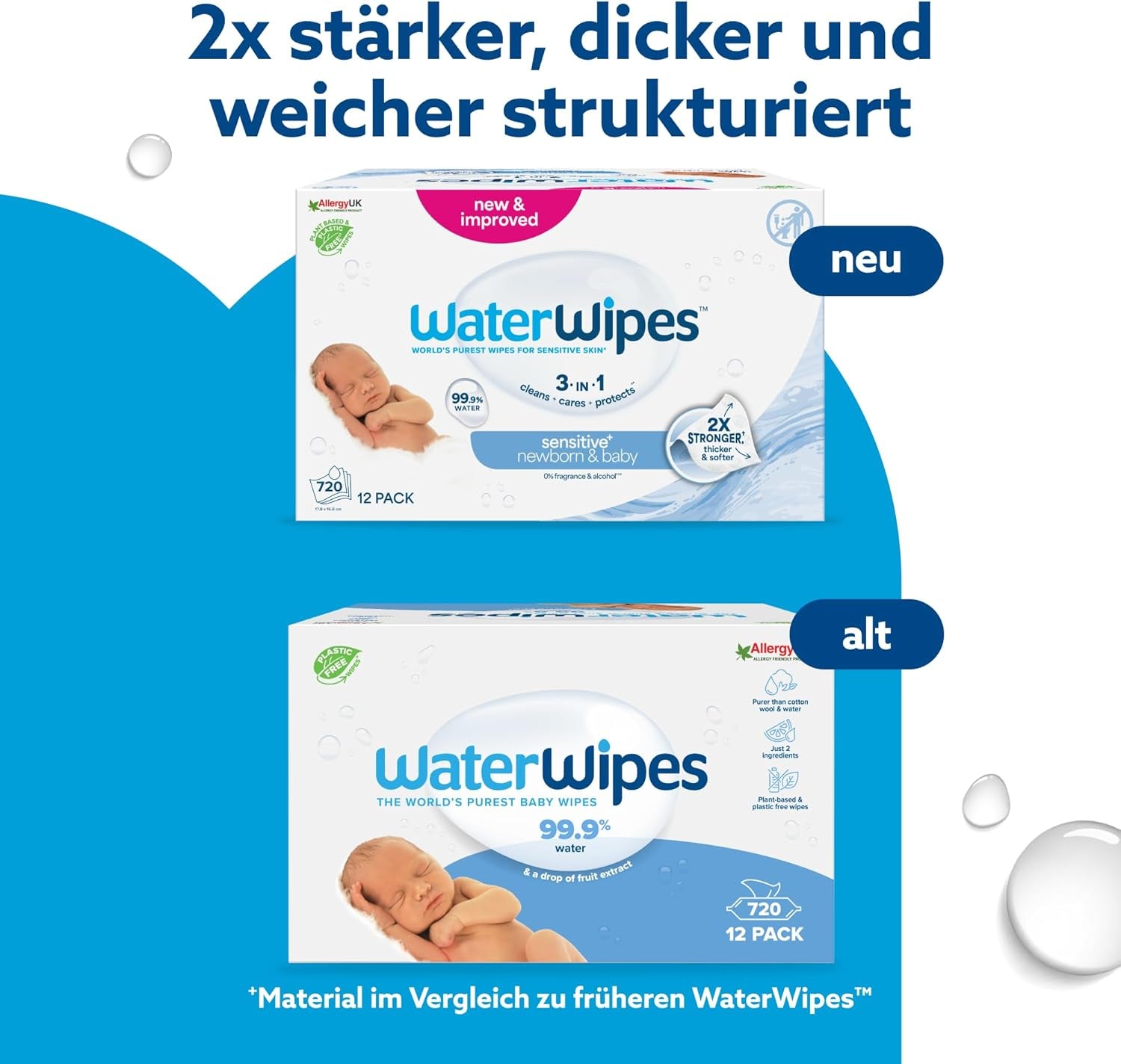WaterWipes Sensitive+ vådservietter til nyfødte og babyer, 720 Count (12 Pack), 3-i-1 rengøring, pleje, beskyttelse, 99,9 % vand, parfumefri