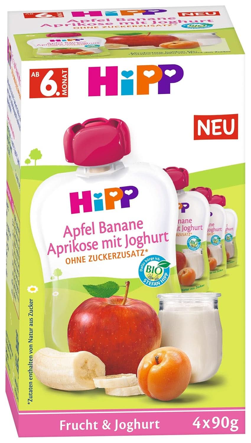Hipp Økologisk Frugt og Yoghurt Æble Banan Abrikos med Yoghurt 4 x 90 g, pakke med 4 (4 x 4 x 90 g) Mor og Barn Naty Shop