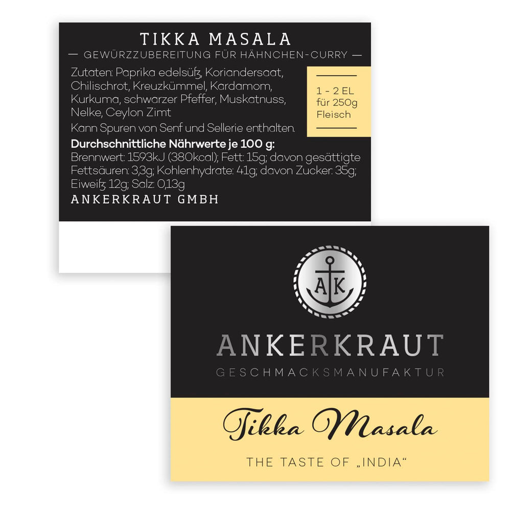 Ankerkraut Tikka Masala Gewürz Indien, 70g im Korkenglas, Lecker Curry mit Hähnchen, Gemüse, Reis Selber Zu Hause Kochen, Chicken Curry Zuckerfrei in Premium Qualität