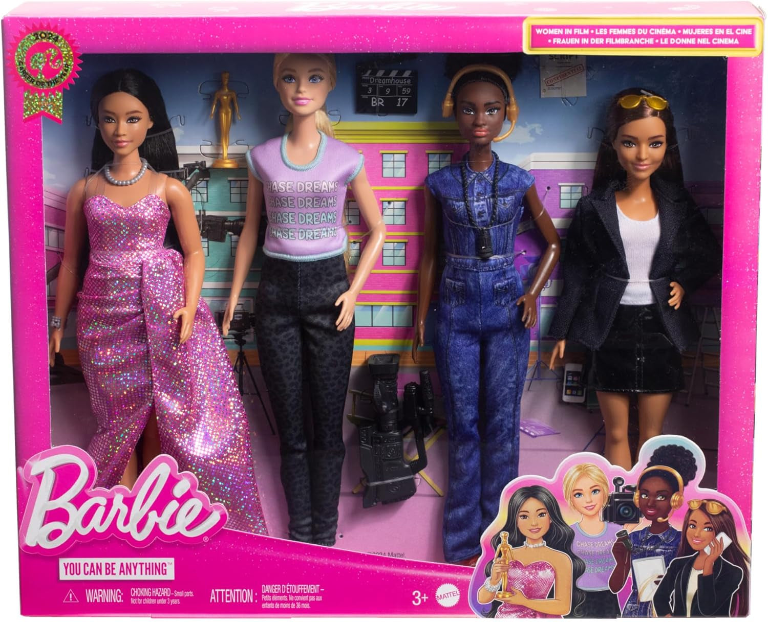 Barbie Berufe-Set mit 4 Puppen und Zubehör, Frauen in der Filmbranche mit Studioleiterin, Regisseurin, Kamerafrau und Filmstar in ausziehbaren Outfits, HRG54