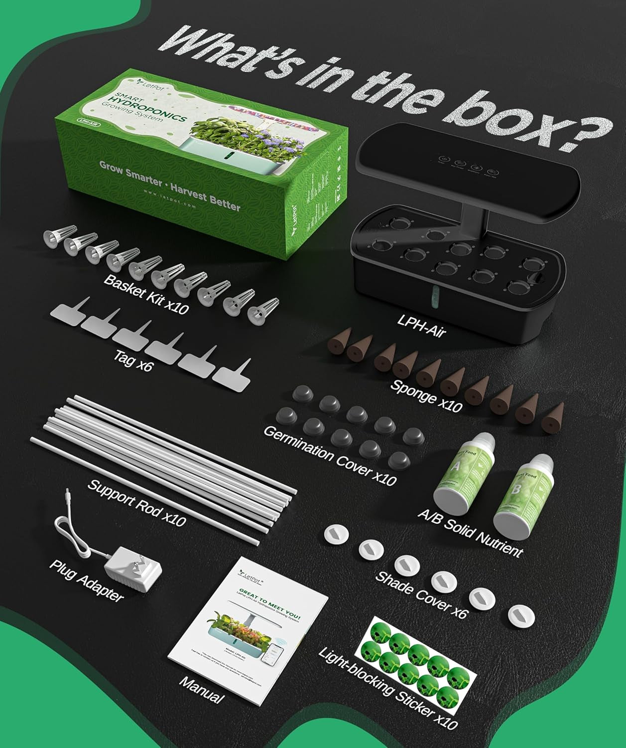 LPH-Air Hydroponic Grow Systems Kits WiFi Styret af App 24W Smart Indoor Garden Grow Light Full Spectrum 10 Kapsler Plantekasse Indendørs Havearbejde Gavesæt