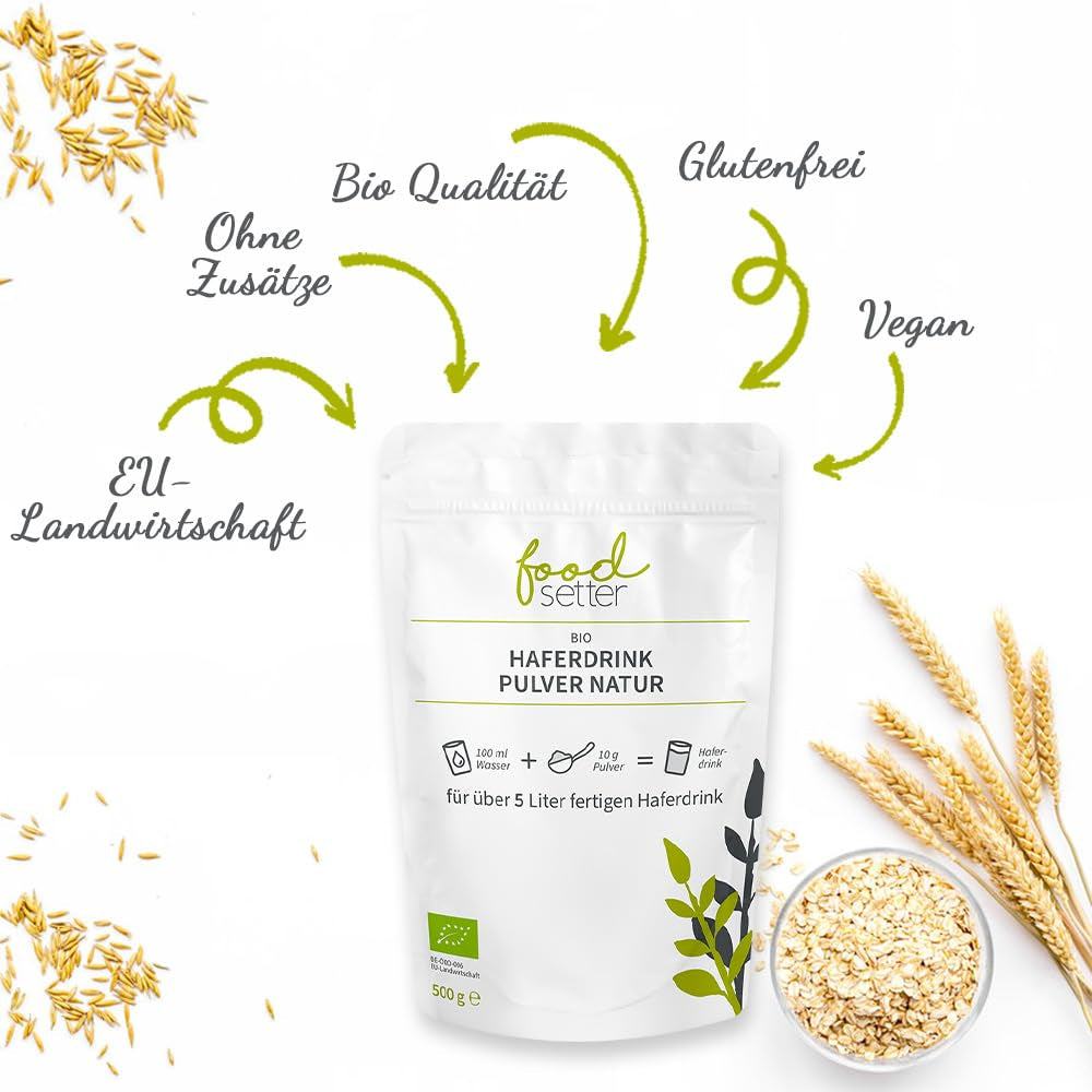 foodsetter Bio Haferdrink Pulver | 500g pose | Haferpulver | Instant Haferpulver | Biokvalitet | Vegansk | Glutenfri | Ohne Zuckerzusatz | 0,5 kg
