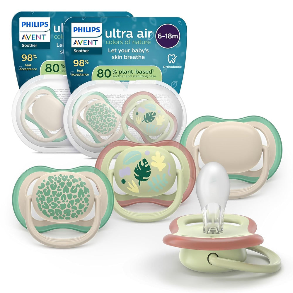 Suzete Philips AVENT ultra air - pachet de 4 suzete fără BPA, respirabile, pentru bebeluși 6-18 luni, inclusiv cutie de transport și sterilizare, model broască țestoasă/balenă (model SCF085/66)