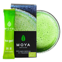 Moya Matcha to Go! Organic | Cutie cu 24 de pachete de 1,5 g | Matcha to Go! Ceai sau inclus cu un shaker de sticlă (24 bucăți x 1,5 g Matcha to Go Sticks)