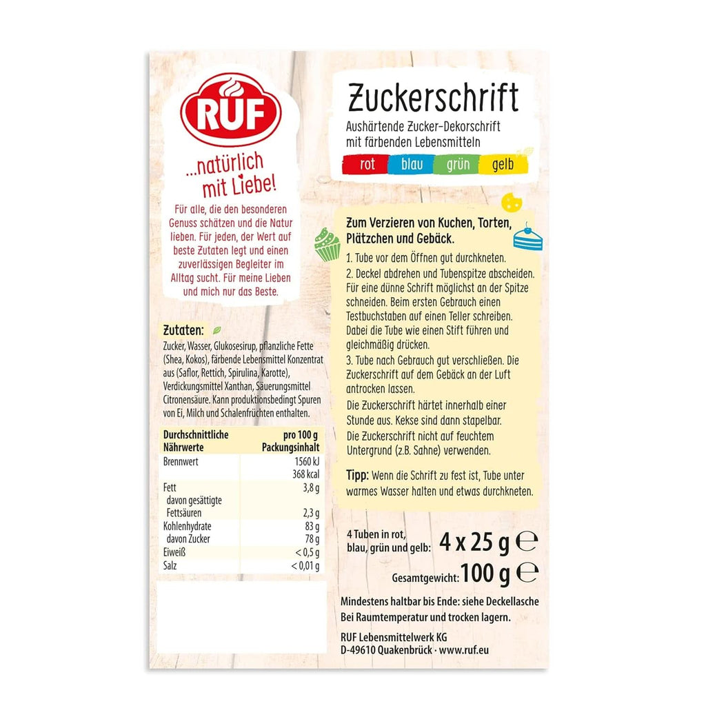 RUF, glazura pentru scris pe prajituri, biscuiti, torturi, fara gluten, vegan, 4 x 25 grame Glazuri si Decor Naty Shop