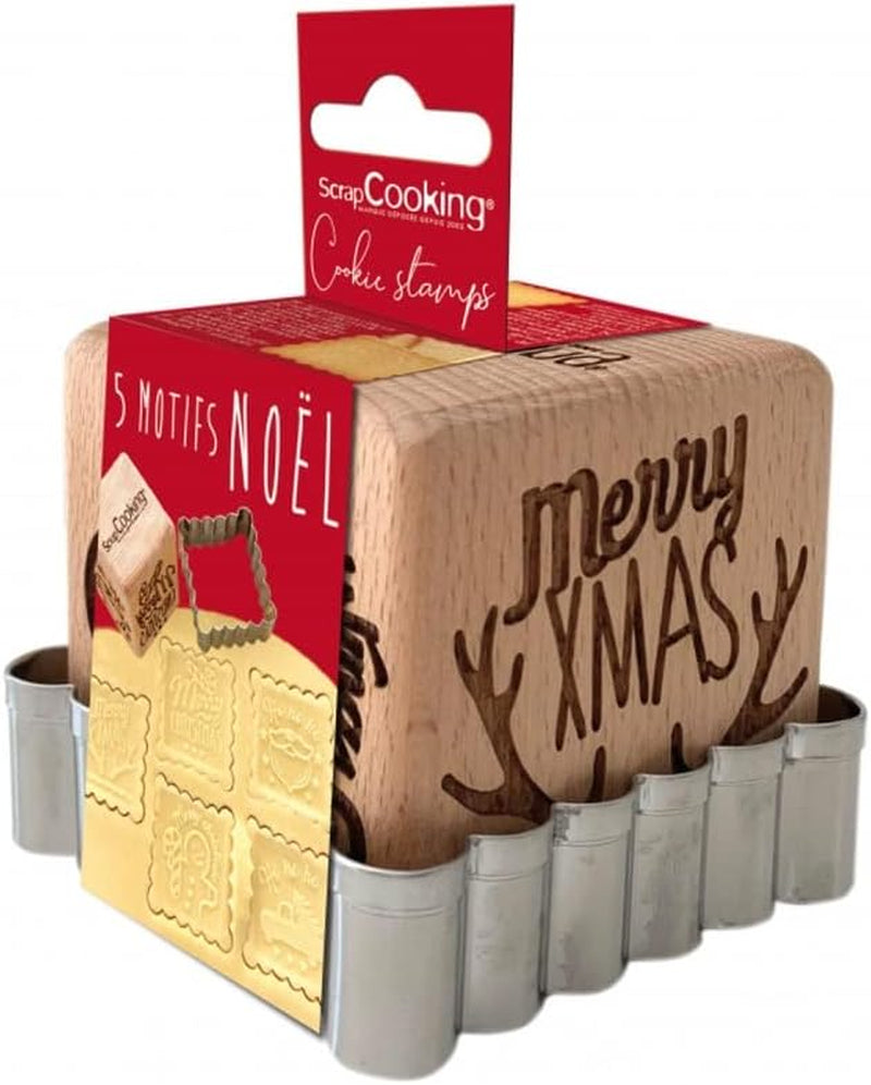 Ștampilă de patiserie din lemn SCRAP COOKING 5138 cu motive de Crăciun – cu 1 formă de tăietor de biscuiți și cub de Crăciun gravat cu 5 fețe – formă decorativă