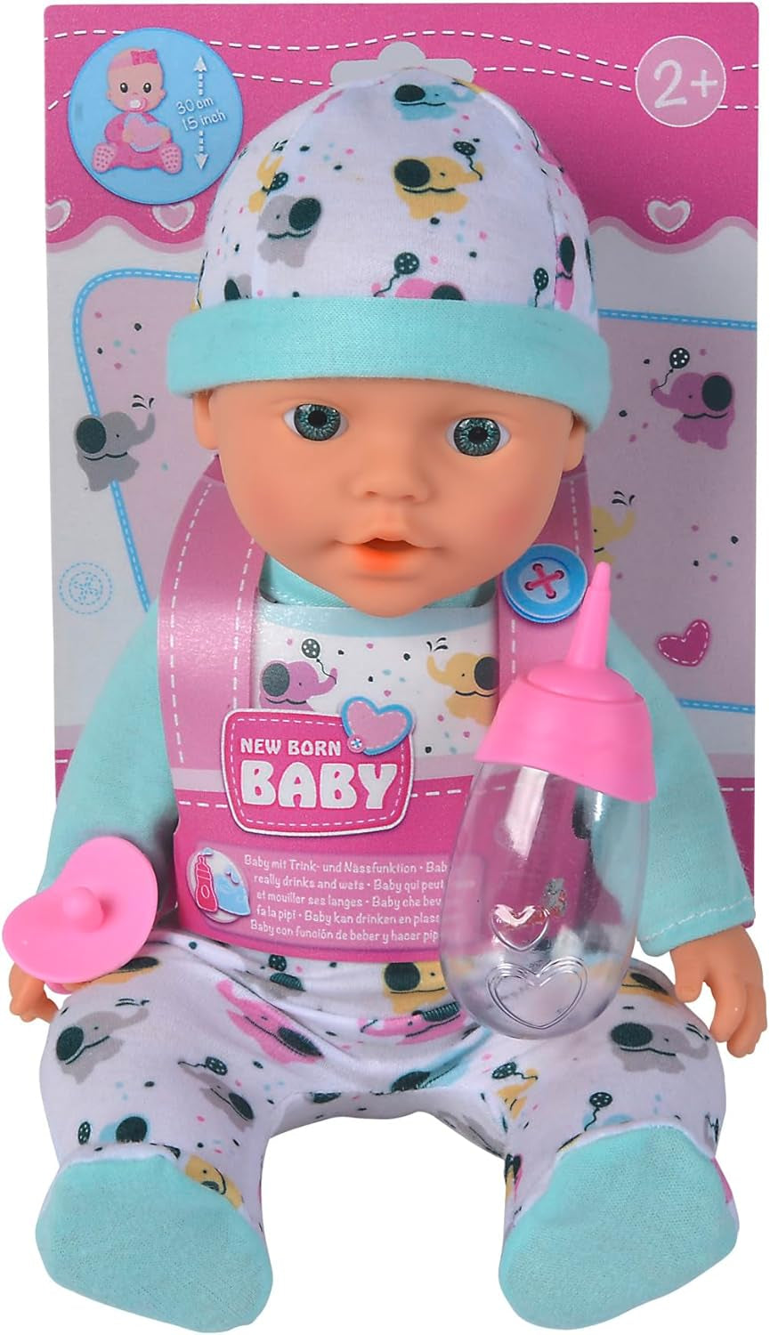 Păpușă nou-născută, elefantuleț, din vinil, cu funcție de băut și udare, biberon și suzetă, 30 cm, de la 2 ani