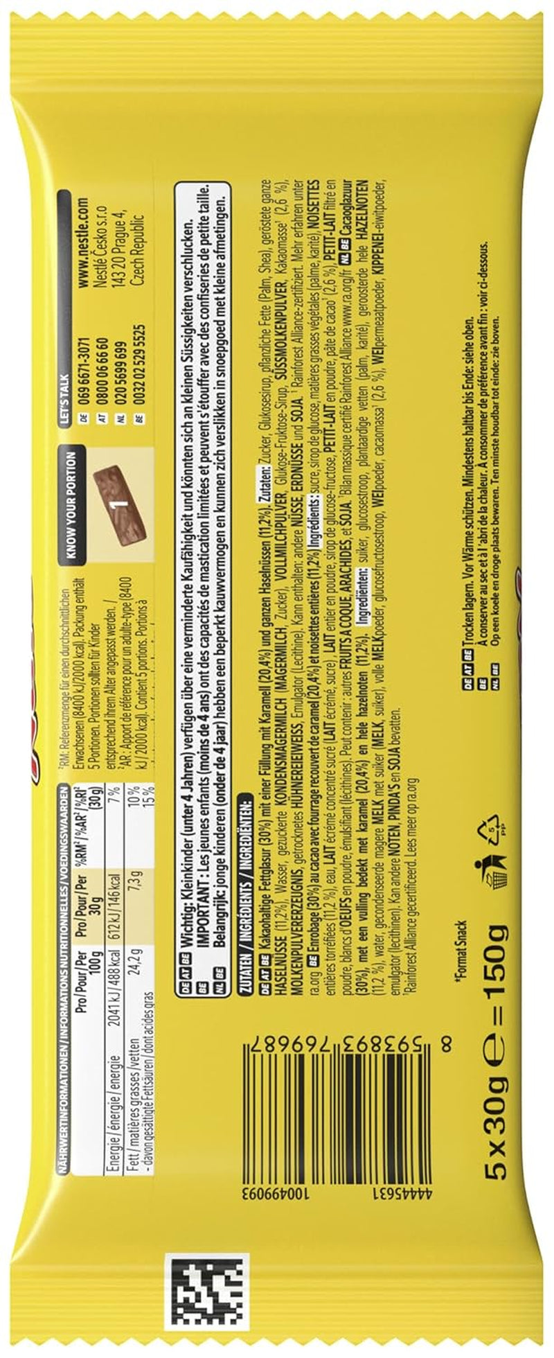 Nestlé NØDDER, hasselnøddechokoladebarer med karamelfyld, hele hasselnødder og lækker slikcreme, dækket af mælkechokolade, 1 pakke (5 x 30 g)