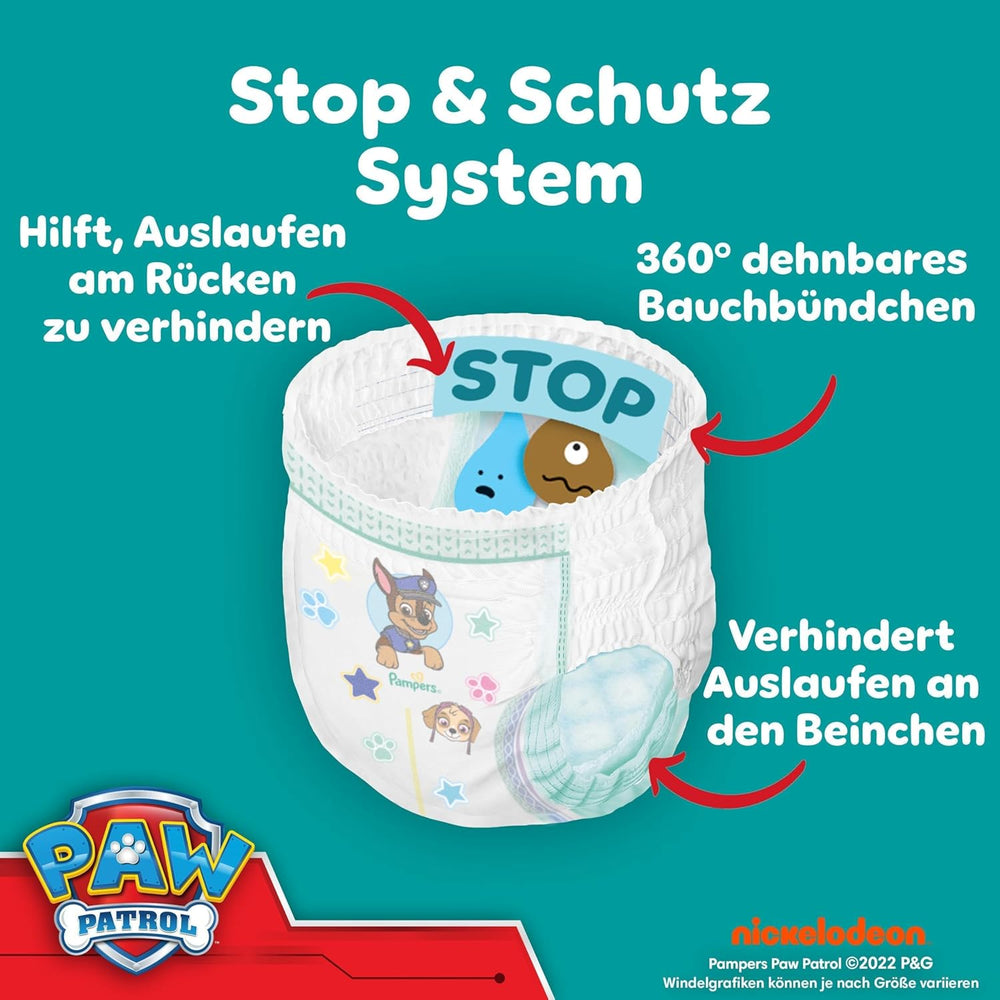 Pampers Baby Dry Pants Diaper Patrol Puppy Edition, str. 5, 160 bleer, 11 kg - 17 kg, 360° justering med stop og beskyttelsessystem