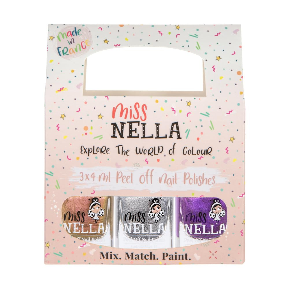 Miss Nella Magic Collection 4-delt glitter neglelaksæt: Pink, rød, guld og blå, special aftagelig neglelak til børn, ikke-giftig, vandbaseret, lugtfri