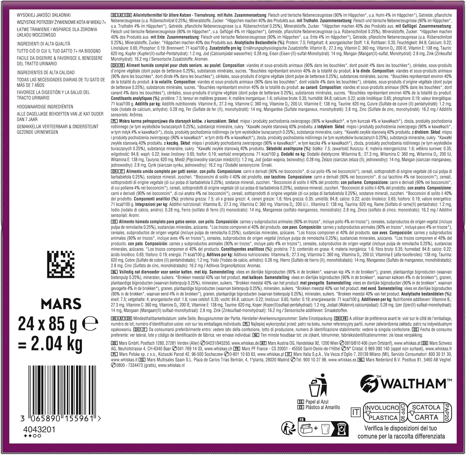 Hrană umedă Whiskas 7+ pentru pisici, selecție de păsări de curte în sos, 24 x 85 g (2 pachete) – Hrană umedă de înaltă calitate, de la 7 ani, în pliculețe cu 48 de porții