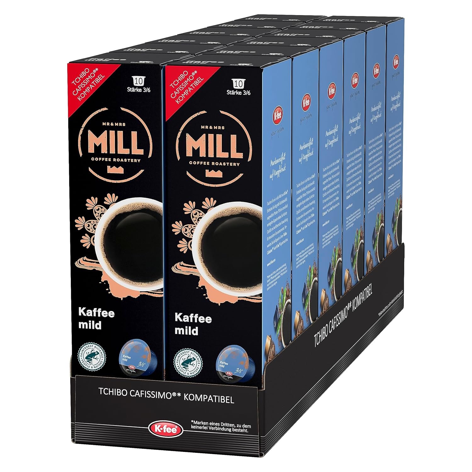 Mr & Mrs Mill Kaffee mild Filterkaffee, kompatibel mit K-fee & Tchibo Cafissimo*, Stärke 3/6, 120 Kaffeekapseln