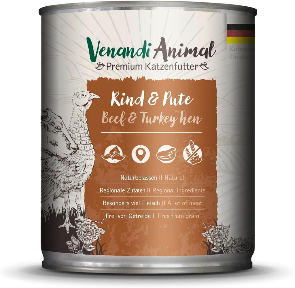 Venandi Animal Premium Hrană umedă pentru pisici, Tasting Pack III, pui, curcan, vită, pui + iepure, vițel, curcan, 6 X 200 G, fără cereale și naturală, 1.2 Kg