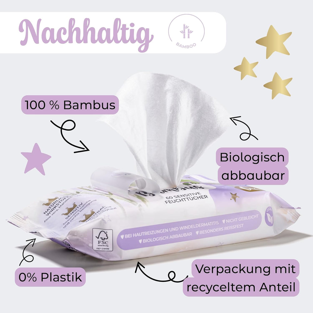 Millis Bamboo Baby Sensitive vådservietter til sart babyhud - 5 x 60 stykker - Naturlig, skånsom og bæredygtig rengøring - Biologisk nedbrydelige babyservietter, plastikfri og alkoholfri