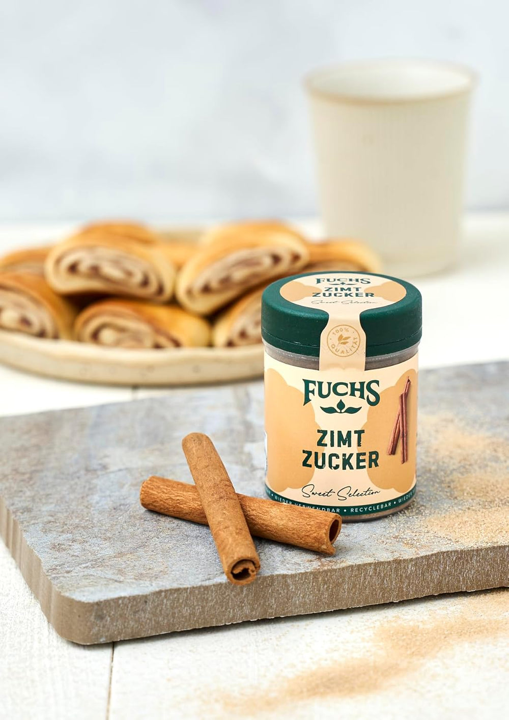 Fuchs Gewürze - Zimt Zucker - Klassisches Gewürz für Milchreis, Pfannkuchen oder Wafeln - aus natürliche Ingrediens - 100 g i wiederverwendbarer, genbrugsbarer Dosis