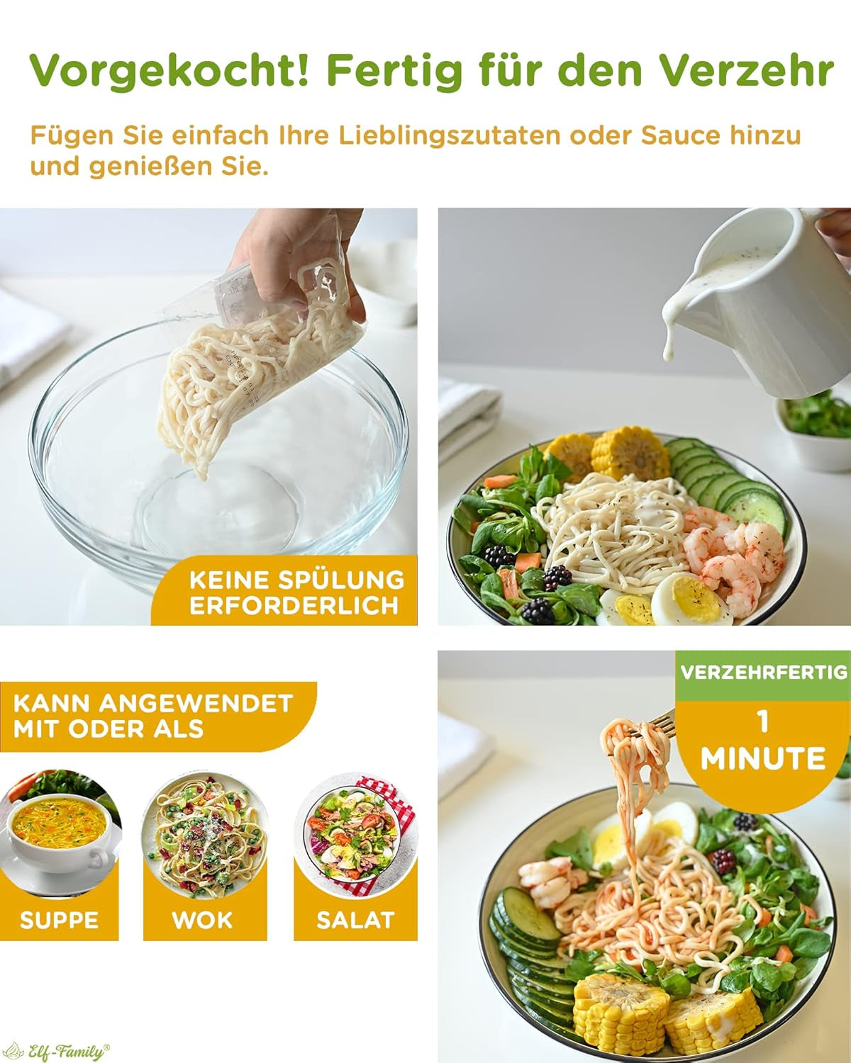 Premium Konjac-nudler fra Thailand, veganske, glutenfri - 240 g x pakke med 6 (12 pakker), Shirataki-nudler fra alffamilien, instant-nudler, pasta/keto/lav kulhydrat/lavt kalorieindhold/sukkerfri - spaghetti og fettuccine