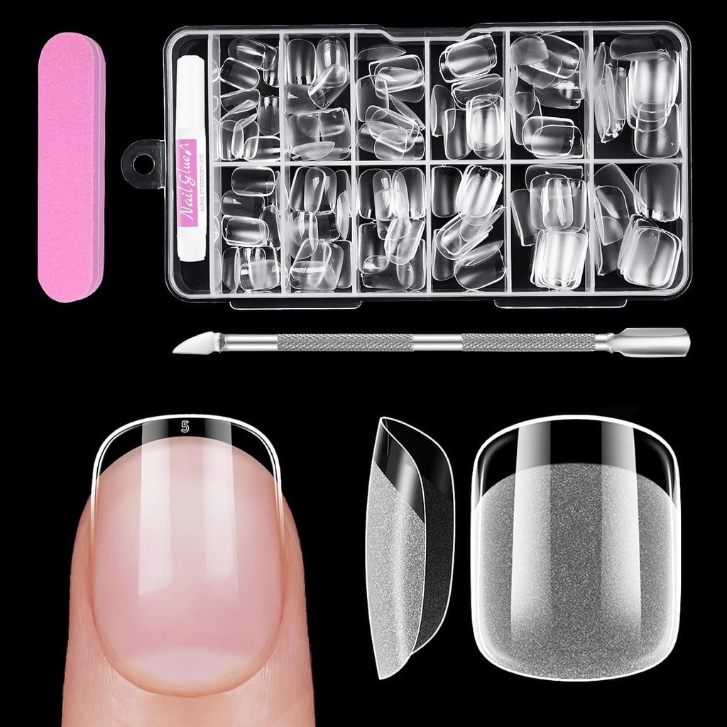 Unghii scurte cu acoperire completă, 120 de bucăți, 12 dimensiuni, vârfuri de unghii scurte pentru unghii cu gel, unghii artificiale pentru lipire, set de unghii cu pile de lipit, lustruitor de unghii, împingător de cuticule