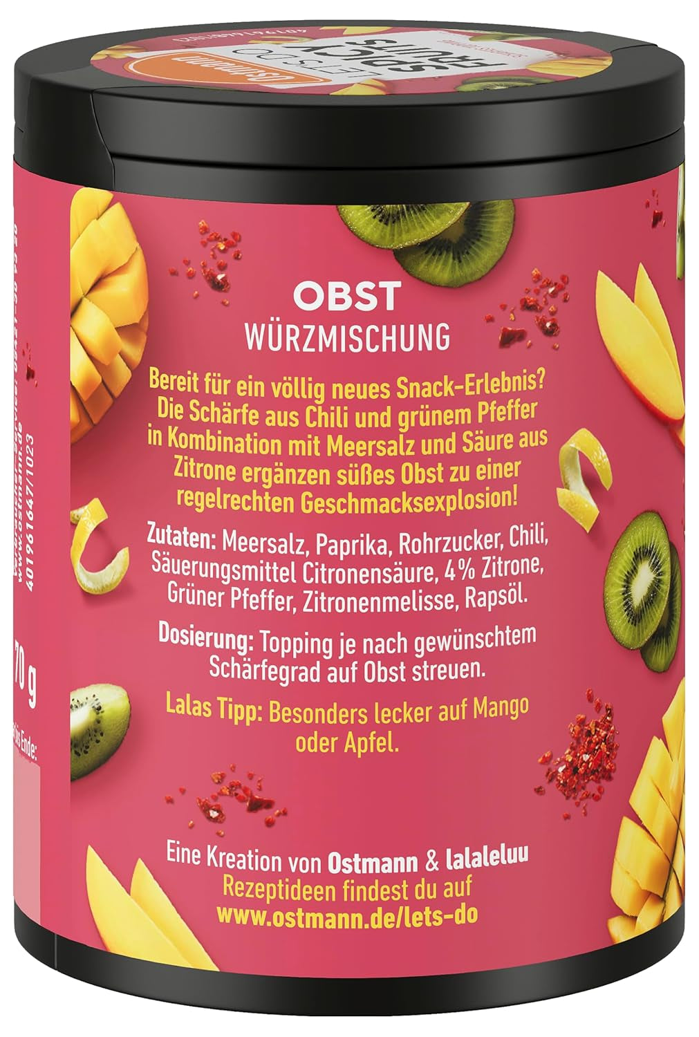 Ostmann Gewürze - Let's Do Spicy Fruits | Würzmischung für süßes Obst skabt af Lalaleluu | scharfes Obst-Topping med Chili og Pfeffer, lecker auf Apfel eller Mango | 70 g i Metalldose genbrugsbar