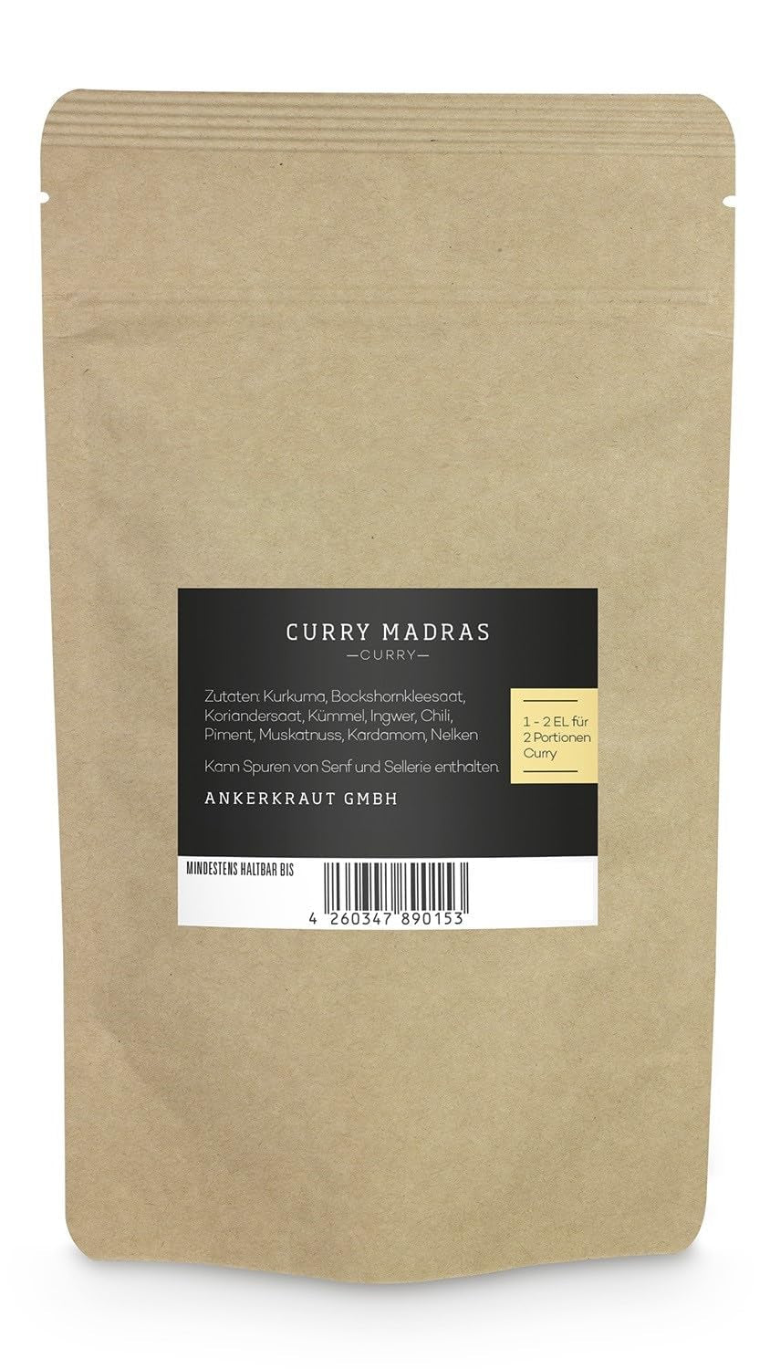 Ankerkraut Curry Madras, frisch-fruchtiges Curry-Pulver passend zu Fleisch, Fisch & Gemüse, mit Chili, Leicht Scharf, 130g im Aromadichten Beutel