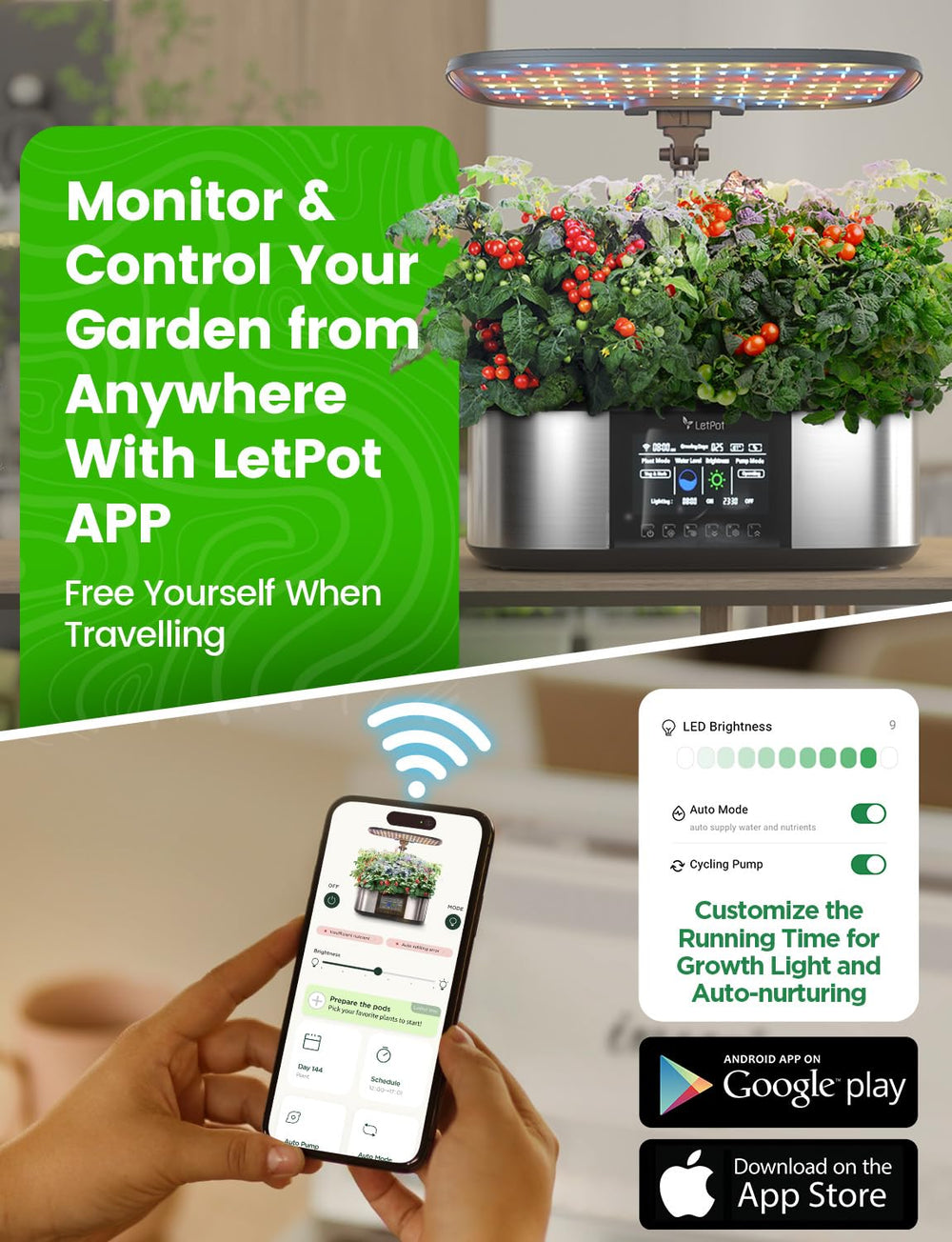 LPH-Max Hydroponic Grow System Kit, 21 kapsler, app og WiFi, automatisk styret, smart indendørs have med 36W LED-lys, automatisk drypvandingskit, selvstyret pleje