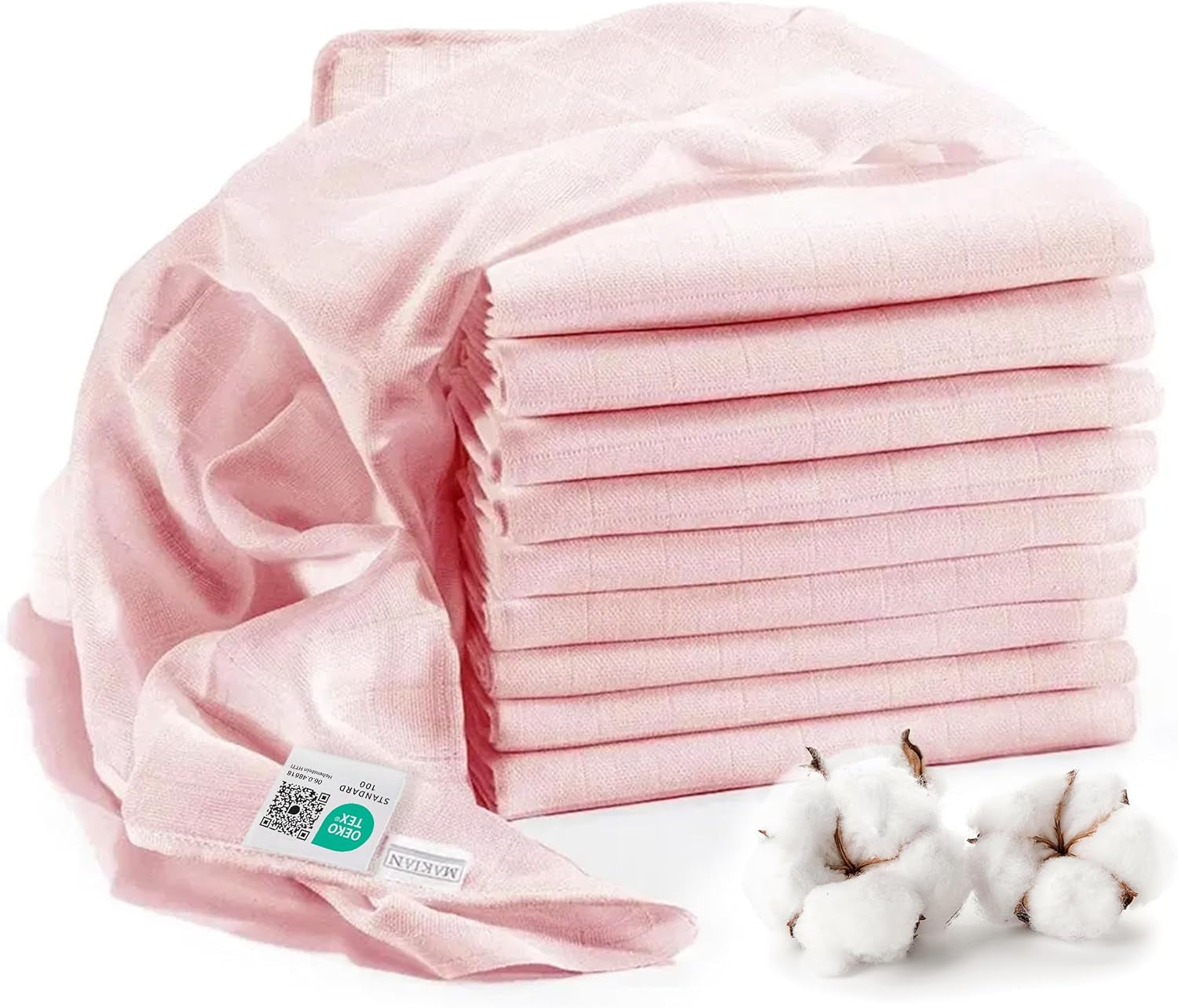 MAKIAN Muslin Squares, Pakke med 10, 80x80 cm, Oeko-TEX® Standard 100 Certified, 10 Premium Burp Cloths - Dobbeltvævede Stof Firkanter / Muslin Squares, Kog resistent - Hvid