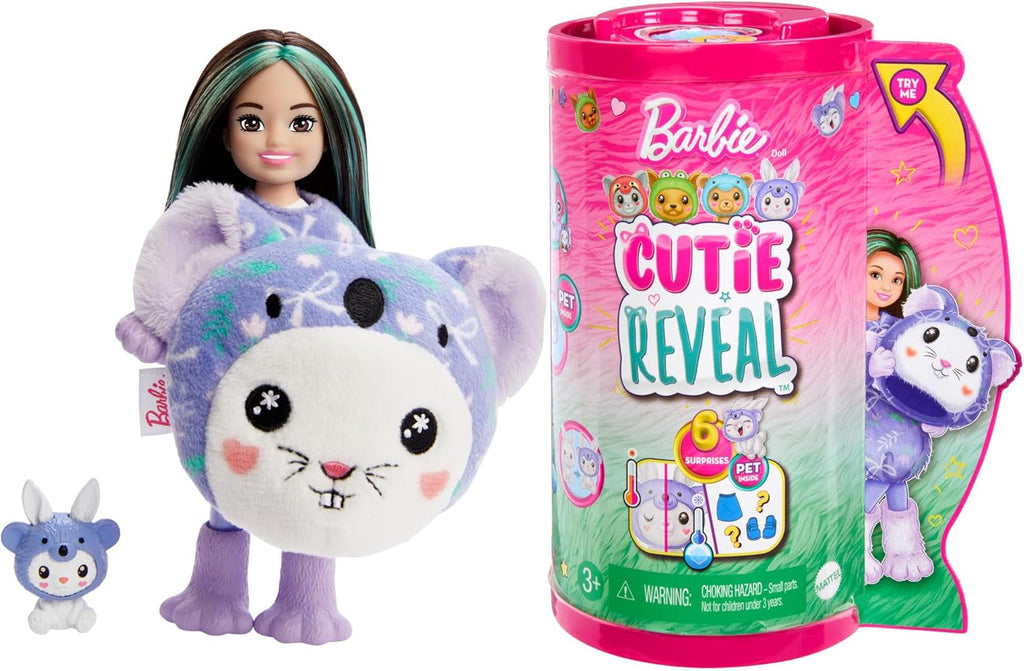 BARBIE Cutie Reveal Doll - păpușă Chelsea cu 6 surprize și distracție cu schimbarea culorilor, iepuraș în costum de pluș Koala, jachetă din fleece cu model la modă, pentru copii de la 3 ani, HRK31 Papusi Naty Shop Modern