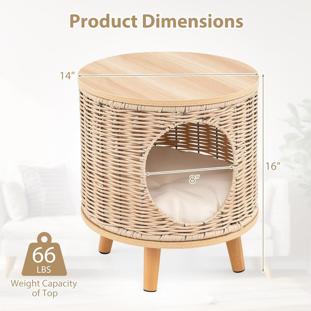 Katzenhaus Rattan, Katzenmöbel mit Holzbeinen & weichem Kissen, 3 in 1 Katzenhöhle Fußhocker Nachttisch, Katzenbett stabil bis 30 kg für Wohnzimmer Schlafzimmer