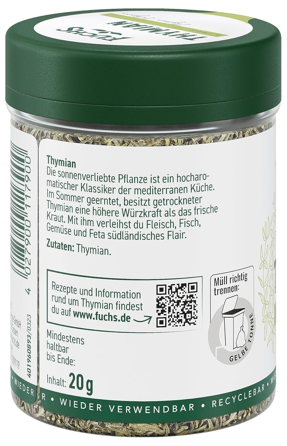 Fuchs Gewürze - Timian gerebelt - Mediterranean Kräuternote für Feta, Gemüse und Fleischgerichte - naturlige ingredienser - 20 g i wiederverwendbarer, genbrugsbarer Dosis