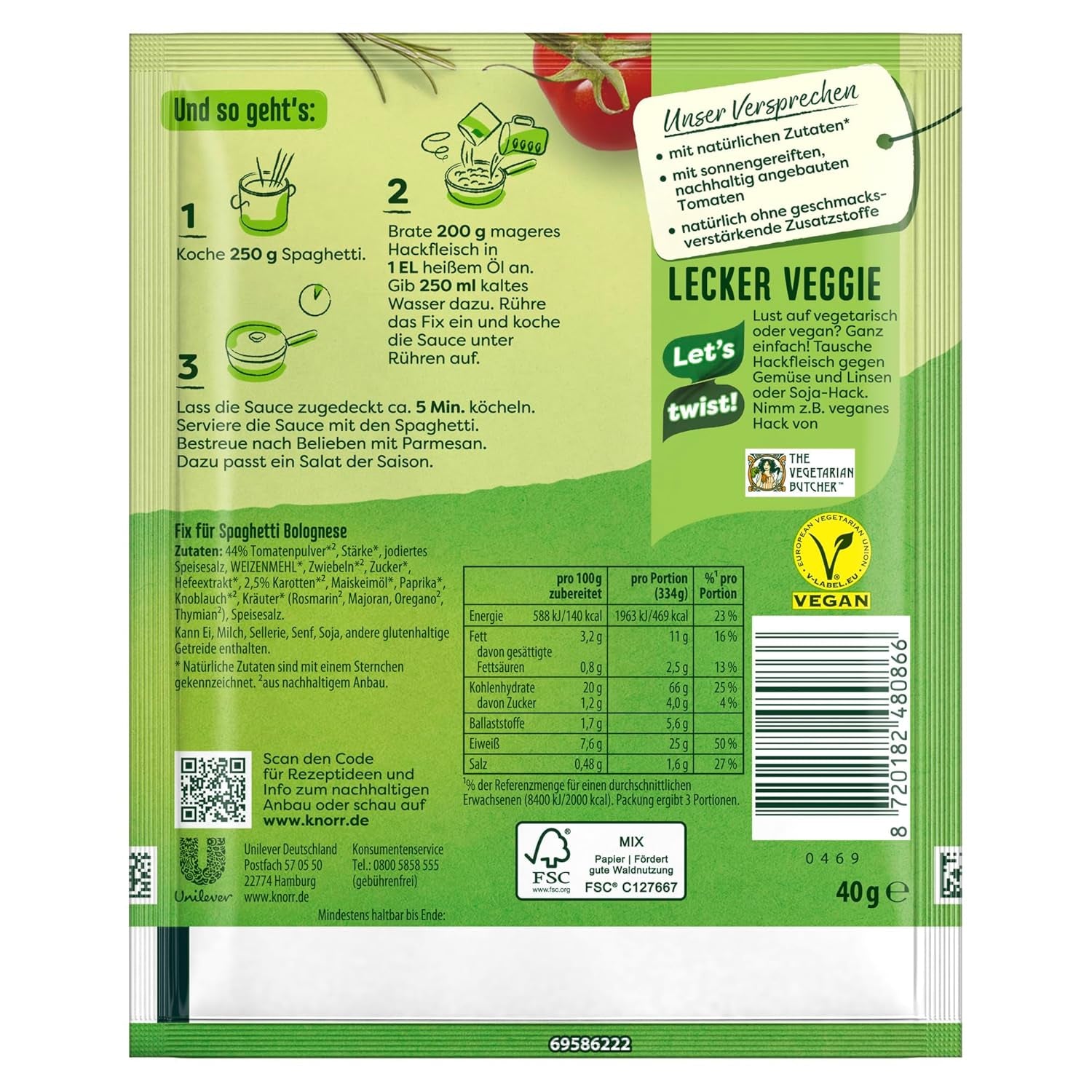 Knorr Fix Würzmischung Spaghetti Bolognese til en lækker nudelret med naturlige ingredienser 40 g