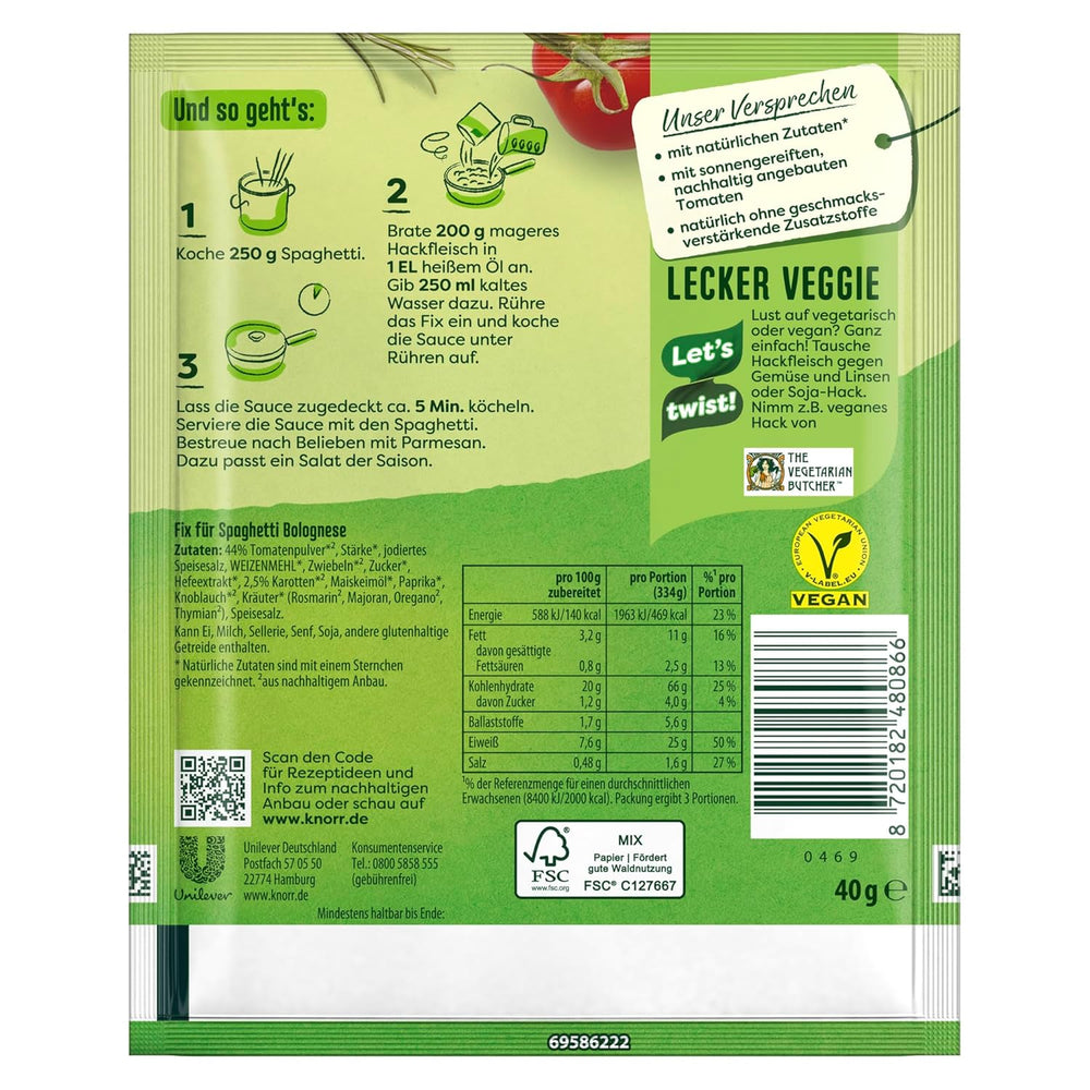 Knorr Fix Würzmischung Spaghetti Bolognese til en lækker nudelret med naturlige ingredienser 40 g